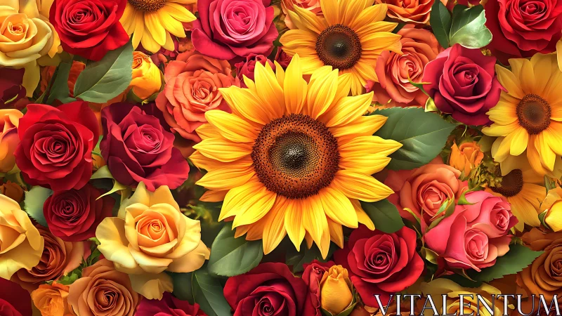 Radiant Garden of Sunflowers and Roses.