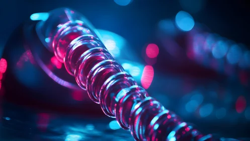Futuristic Metallic Spring Close-Up with Neon Blue and Pink Lighting.