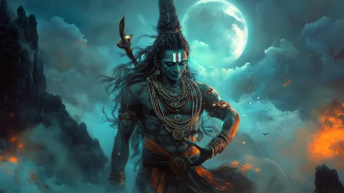 Moonlit storm crowns the meditative blue warrior of flame