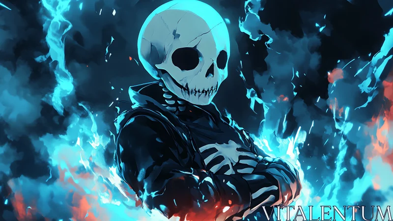 Calm skeleton hero wrapped in electric blue and ember flames.