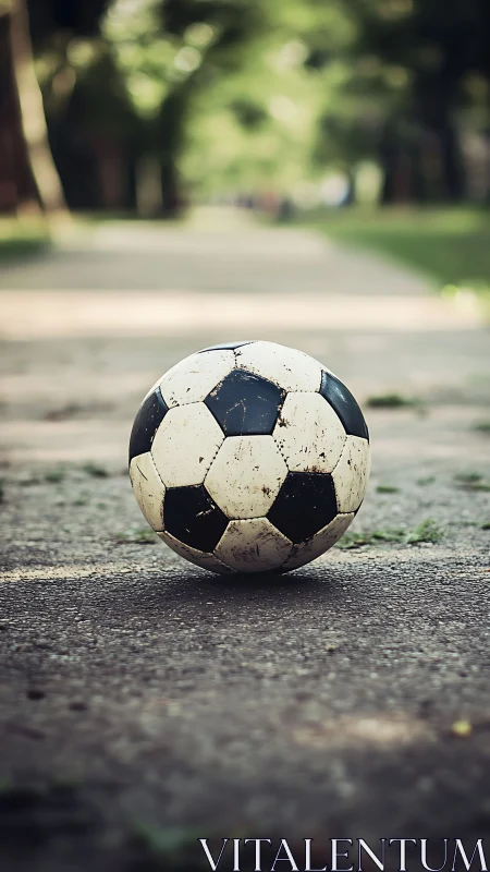 Photorealistic close-up soccer ball on sunlit park path.