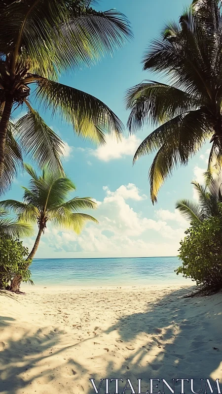 Palm Fronds Frame Paradise: Tropical Beach Sanctuary.