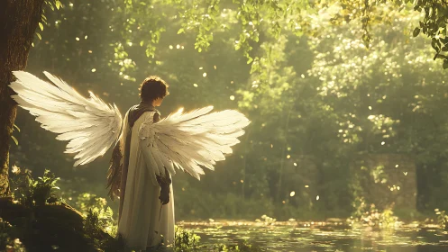 Forest light pauses as a winged wanderer studies the water