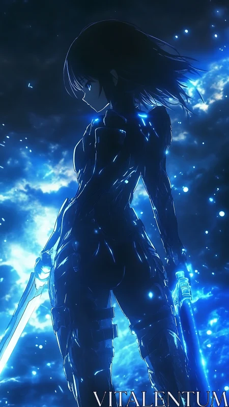 Starlit cyber warrior pausing in a storm of glowing blue light.
