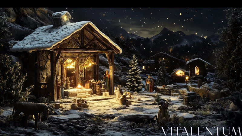 Snow-covered nativity settlement under illuminated night sky.