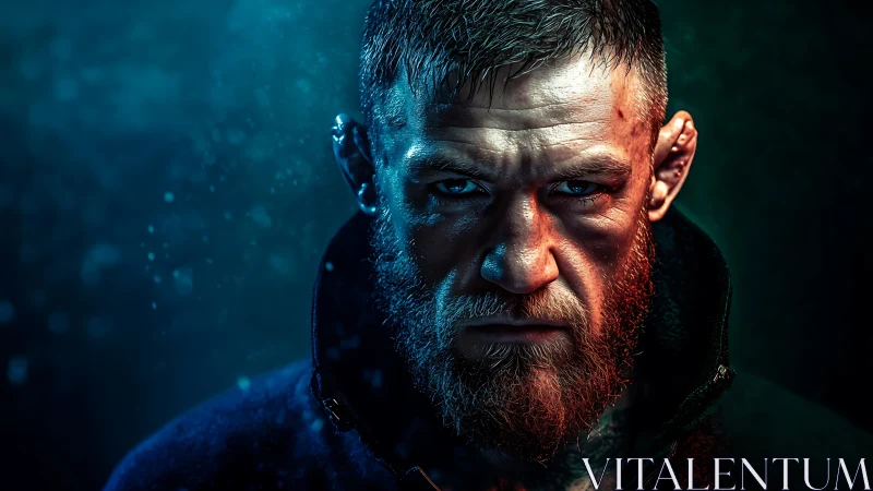 Stormlit brawler&rsquo;s stare carved from ice and embers.