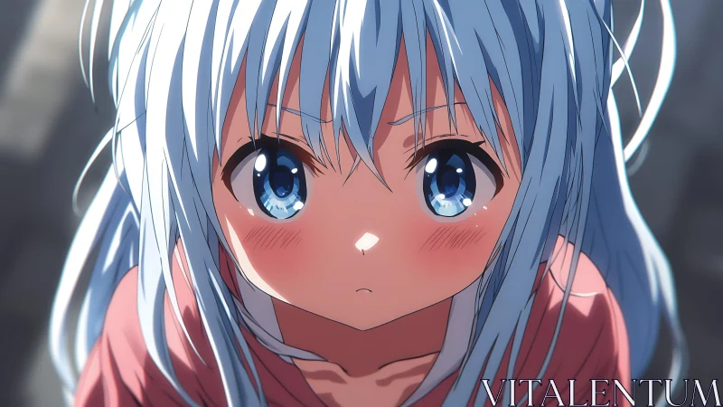 Soft-lit anime girl with blue hair and teary gaze close-up.