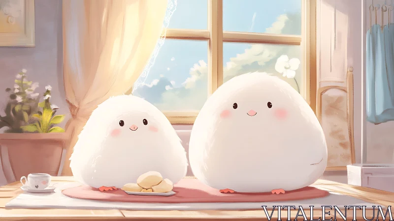 Soft white mascots at sunlit breakfast table setting.