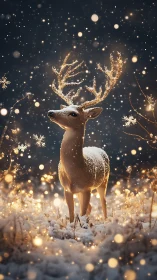 Snowlit stag crowned in golden winter starlight glow.