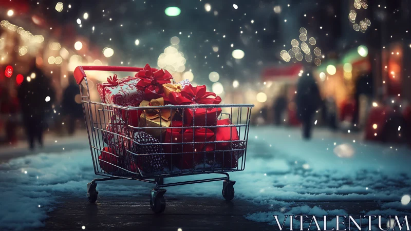 Holiday shopping cart overflows with gifts in falling snow.