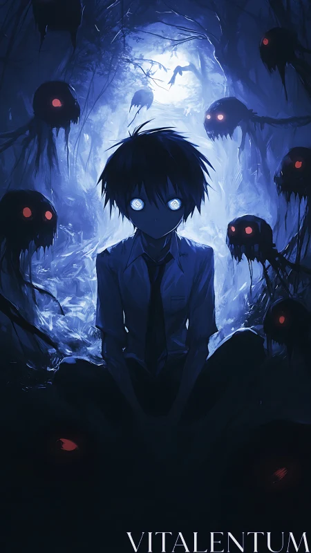 Haunted blue forest surrounding hypnotic-eyed anime boy.