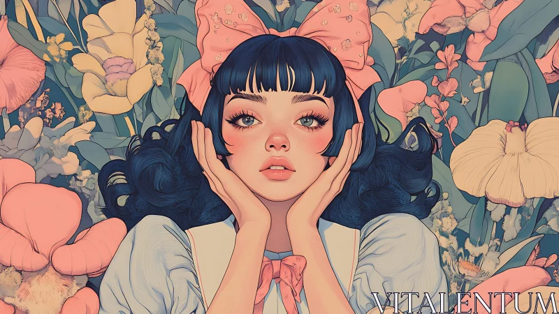 Stylized portrait of girl with bow amid large pastel florals.