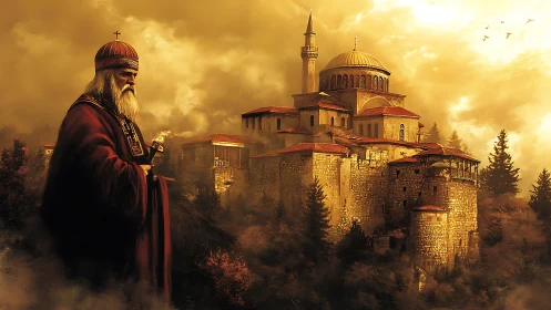 Amber cloaked patriarch guarding a mist veiled hilltop citadel.