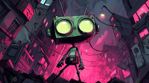 Neon-eyed alley robot claims the ruins as its playground