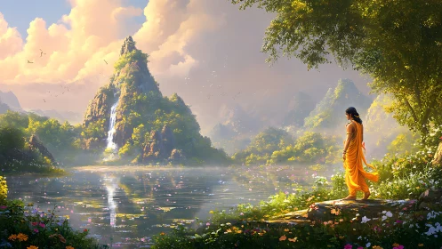 Figure in orange robe observes misty lake and waterfall