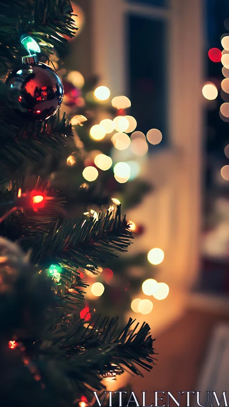 Christmas tree close-up with glowing bokeh lights indoors.
