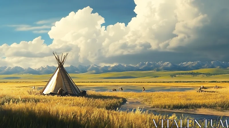 Sunlit tipi and riders animate expansive mountain prairie