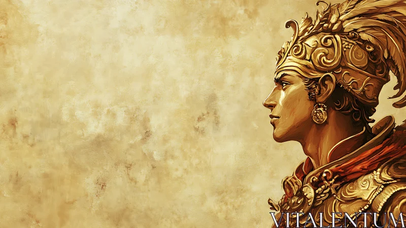 Regal warrior profile rendered in ornate golden digital painting