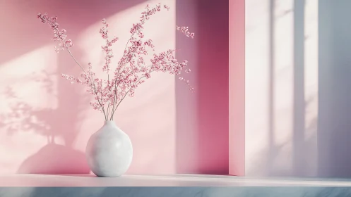 Soft pink blossoms in a simple white vase on sunny shelf.