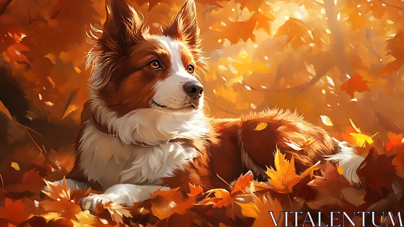 Alert border collie rests in glowing autumn forest light