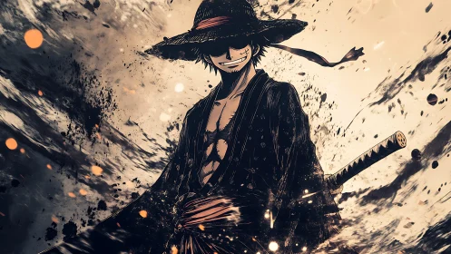 Straw-hatted swordsman amid swirling ink and embers.