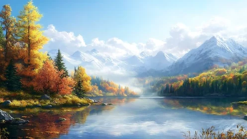 Autumn alpine lake with snowcapped peaks and soft haze.