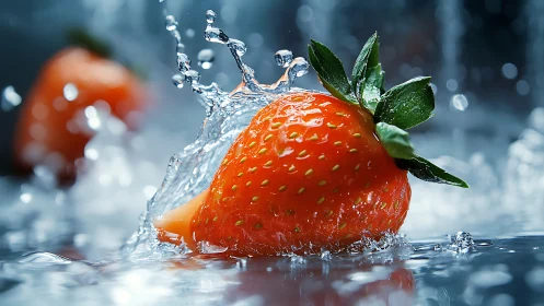 Strawberry captured in sharp splash of clear water.
