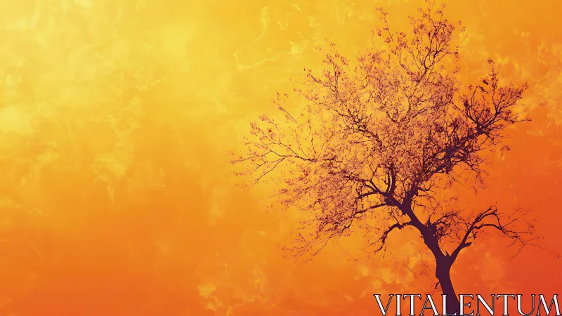 Solitary tree silhouette against a vibrant orange sunset sky.