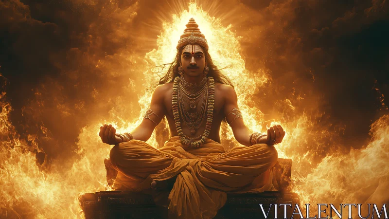 Meditating male figure sits before intense surrounding flames