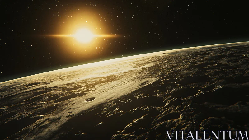 Digital space horizon view of sun over cratered surface.