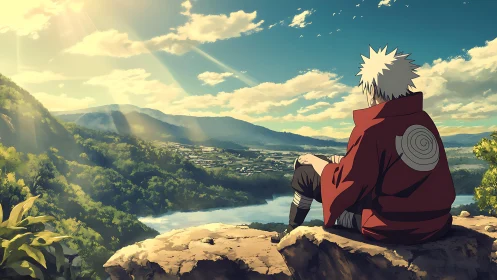 Solitary anime figure overlooking sunlit river valley landscape
