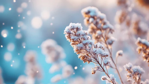 Frost-laden plants against glowing blue winter backdrop.