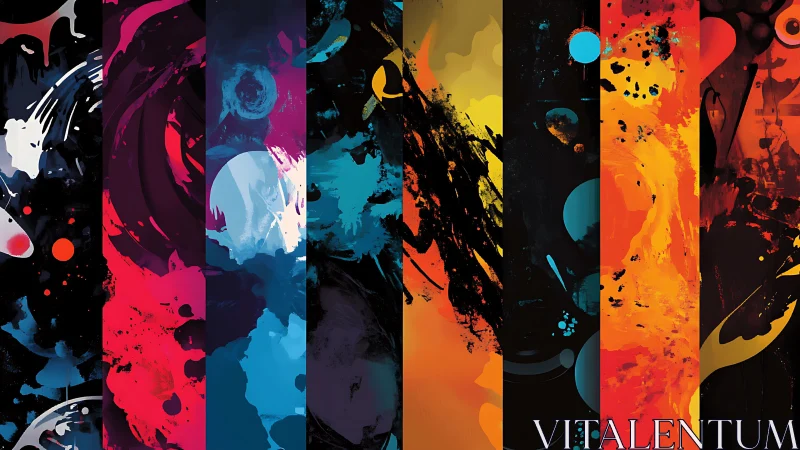 Vertical chromatic panels depict abstract nebular motion