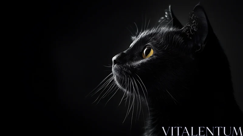 Luminous Void: Black Cat's Golden Gaze into Darkness.