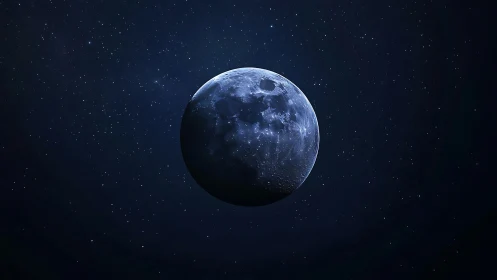 Lunar terminator divides cratered surface under deep blue starlit sky