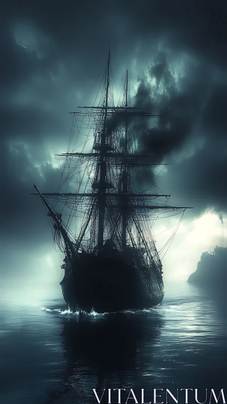 Moonlit phantom galleon carving through spectral sea fog.