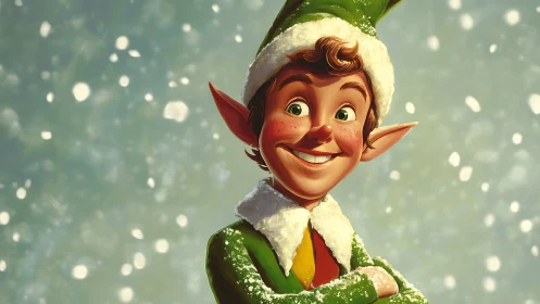 Cheerful Christmas elf character in snowy winter scene.