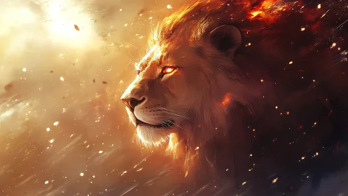Fiery lion portrait in luminous ember-swept atmosphere.