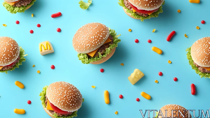Patterned arrangement of burgers and snacks on blue surface.
