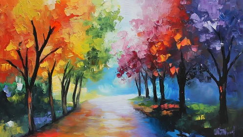 Vibrant tree-lined path explodes with bold impasto color