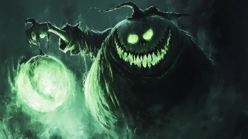 Glowing pumpkin specter looms in eerie green mist