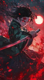 Sword-wielding figure stands before red moon in stylized scene