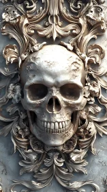 Baroque skull relief melds ornate florals with quiet decay