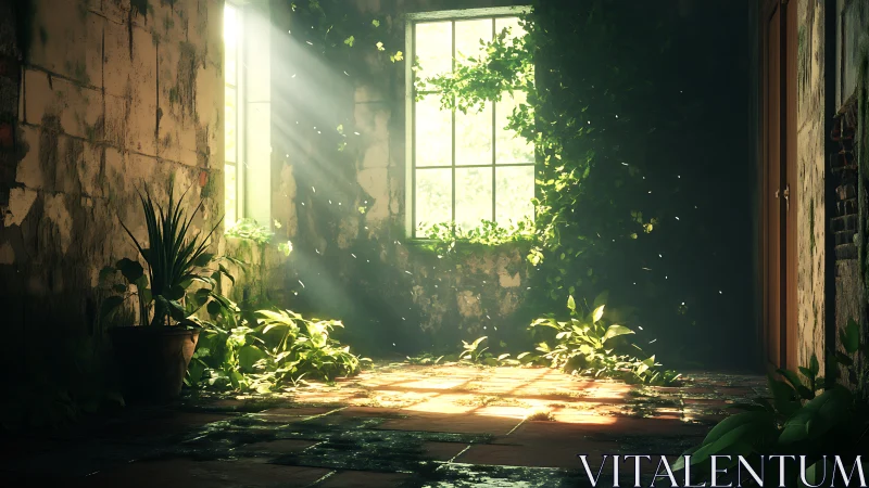 Sunlit abandoned room overgrown with lush green plants