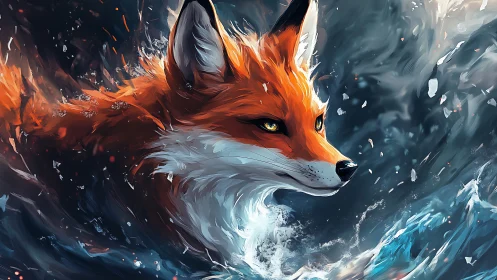 Fiery fox spirit glides through swirling waves and starlit spray