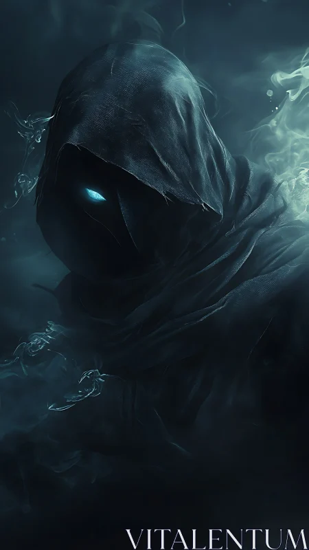 Hooded spectral figure with glowing eye in dark mist.