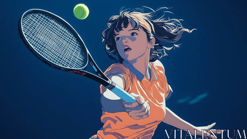 Anime tennis player lunges forward for dynamic forehand shot.