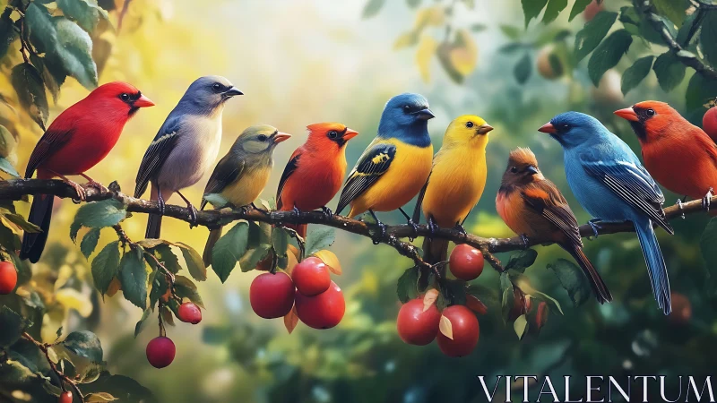 Colorful songbirds perched on fruit tree branch in vibrant style.