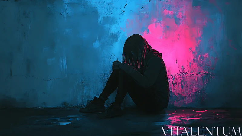 Digital painting shows lonely figure in neon alley glow.