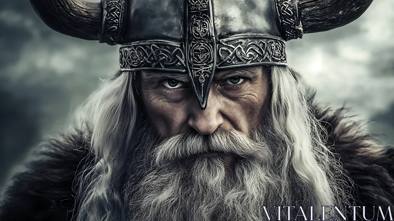 Horned-helmeted warrior portrait shows detailed metalwork